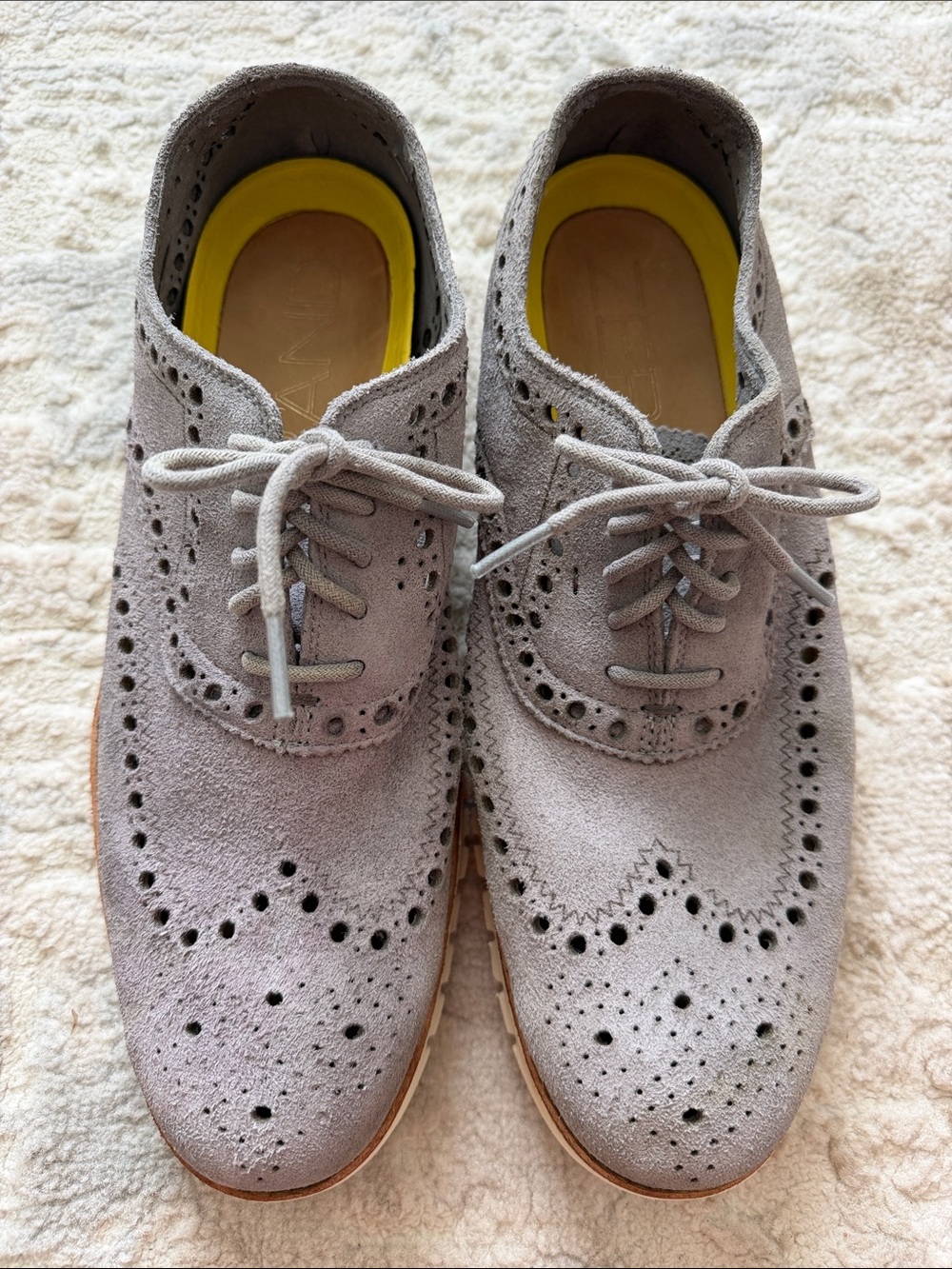 Cole Haan Gray Suede Wingtip Oxfords with Tan Sole